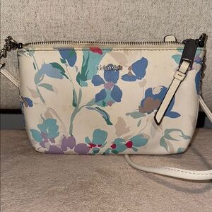 USED– Calvin Klein Cream and Blue Crossbody Bag with Floral Design